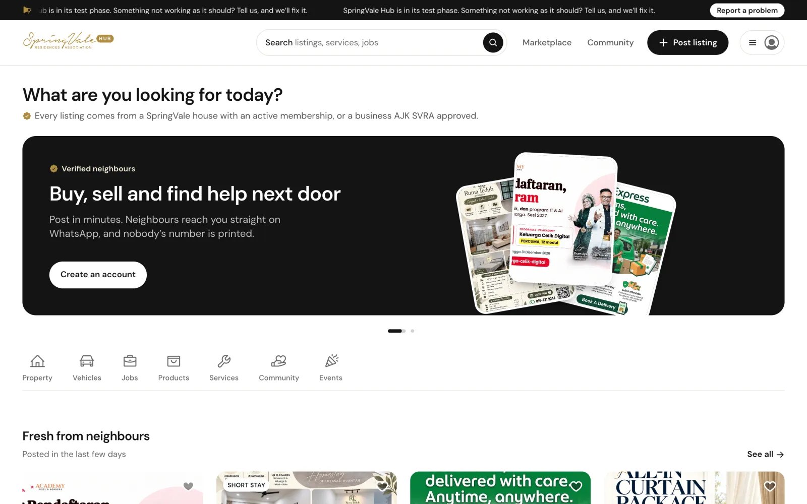 SpringVale Hub home: buy, sell and find help next door