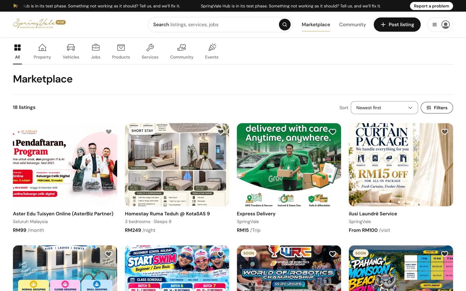 Hub marketplace with categories for property, vehicles, jobs, products and services